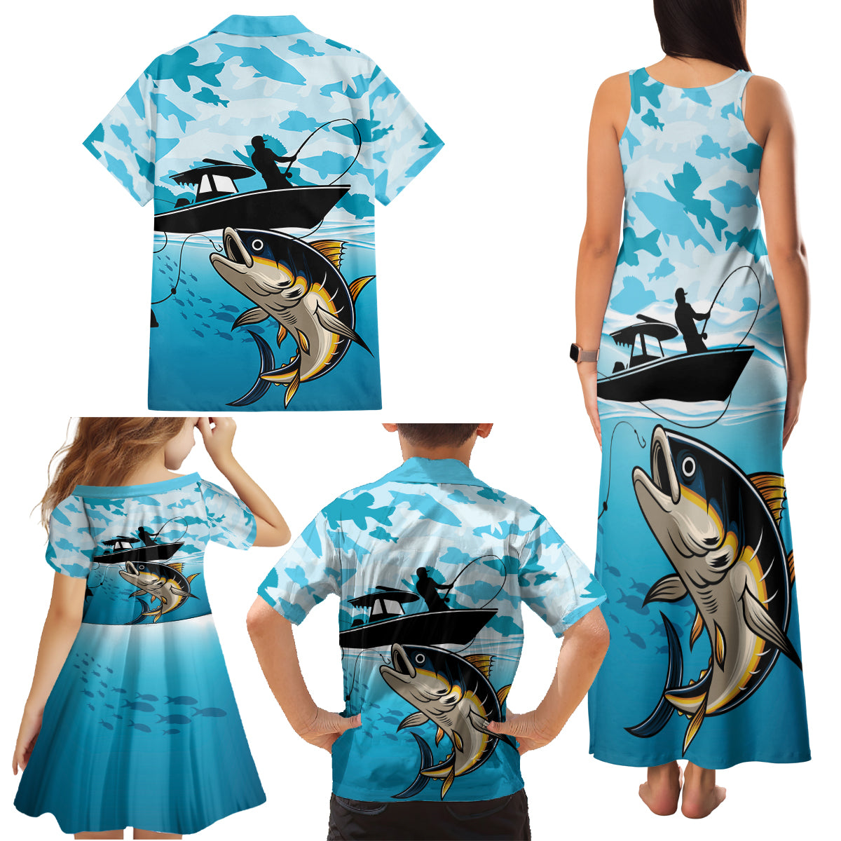 Tuna Fishing Family Matching Tank Maxi Dress and Hawaiian Shirt Fish Camouflage Pattern - Wonder Print Shop