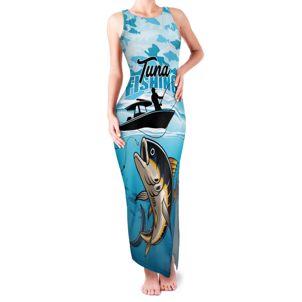 Tuna Fishing Family Matching Tank Maxi Dress and Hawaiian Shirt Fish Camouflage Pattern - Wonder Print Shop