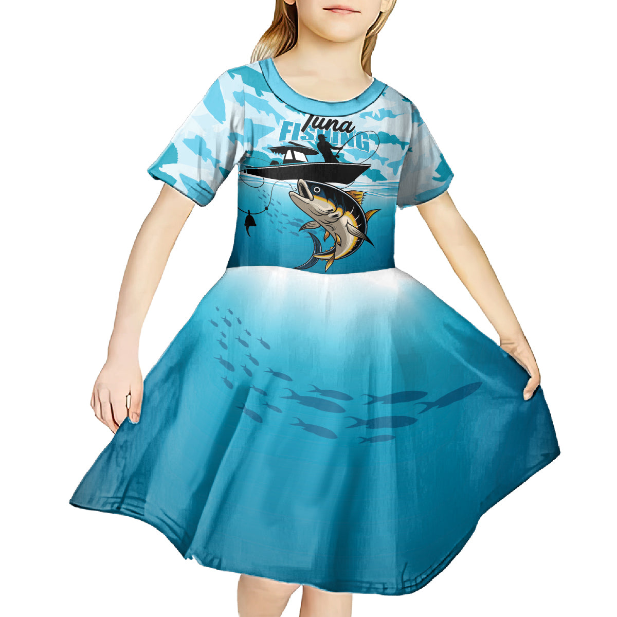 Tuna Fishing Kid Short Sleeve Dress Fish Camouflage Pattern - Wonder Print Shop