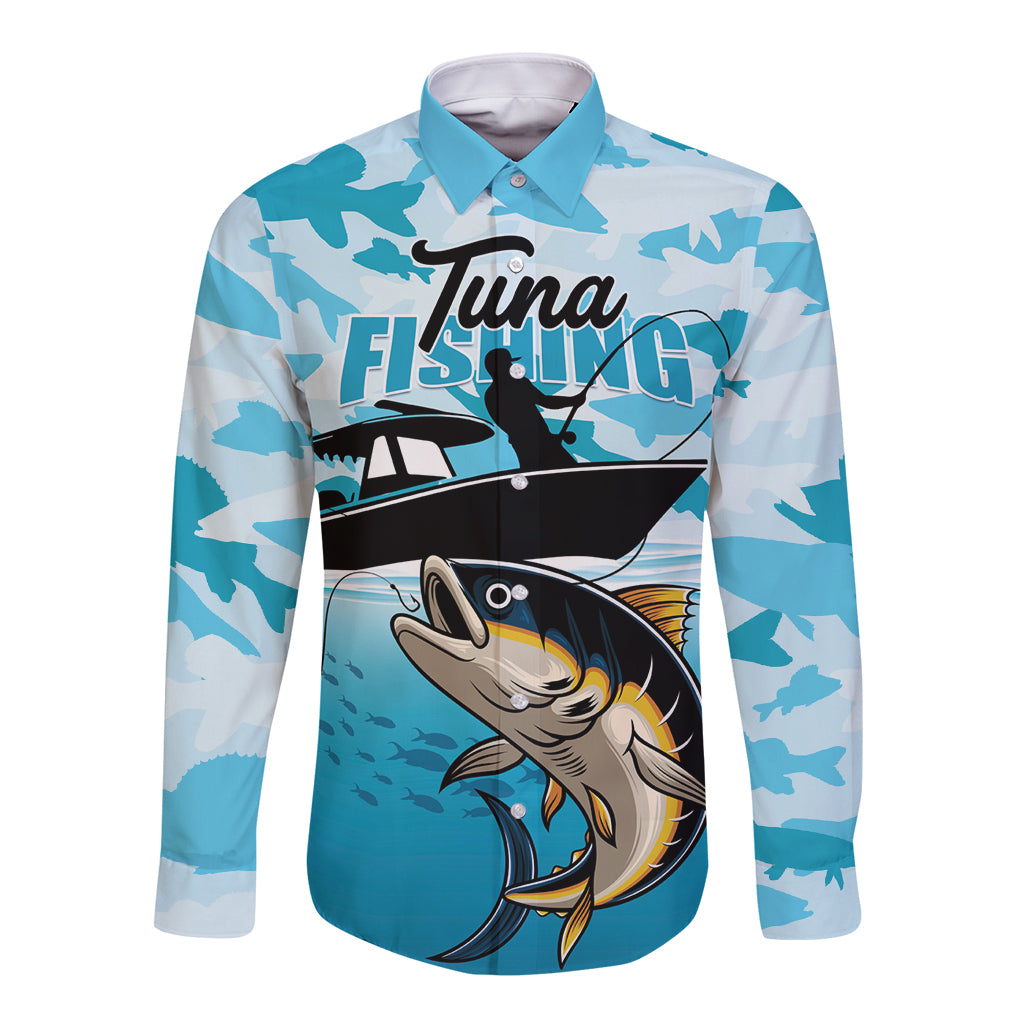 Tuna Fishing Long Sleeve Button Shirt Fish Camouflage Pattern - Wonder Print Shop