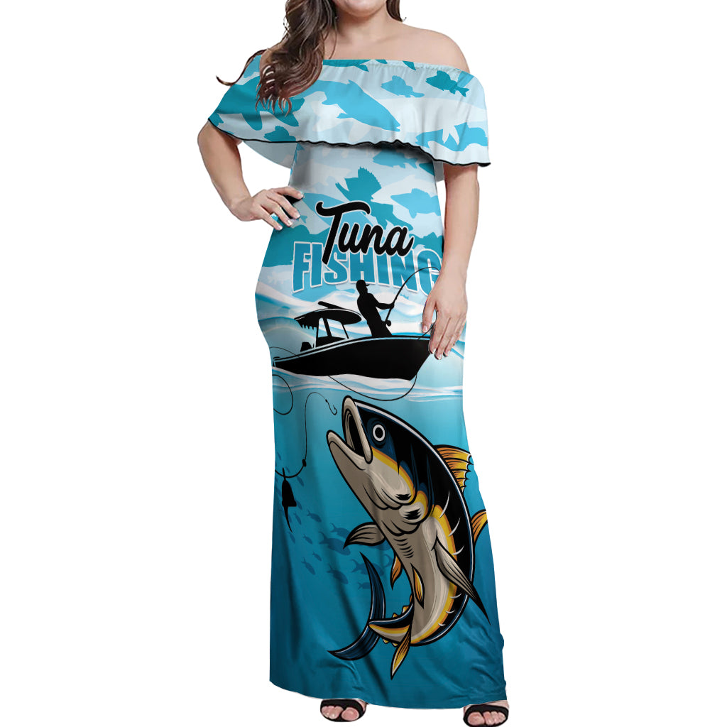 Tuna Fishing Off Shoulder Maxi Dress Fish Camouflage Pattern - Wonder Print Shop