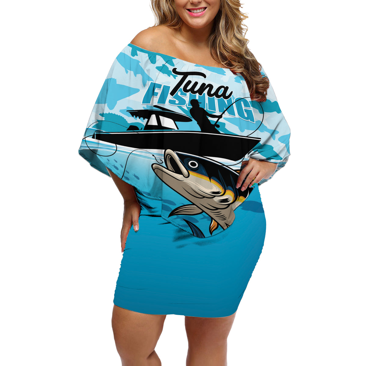 Tuna Fishing Off Shoulder Short Dress Fish Camouflage Pattern - Wonder Print Shop