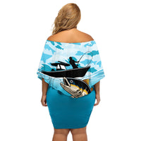 Tuna Fishing Off Shoulder Short Dress Fish Camouflage Pattern - Wonder Print Shop
