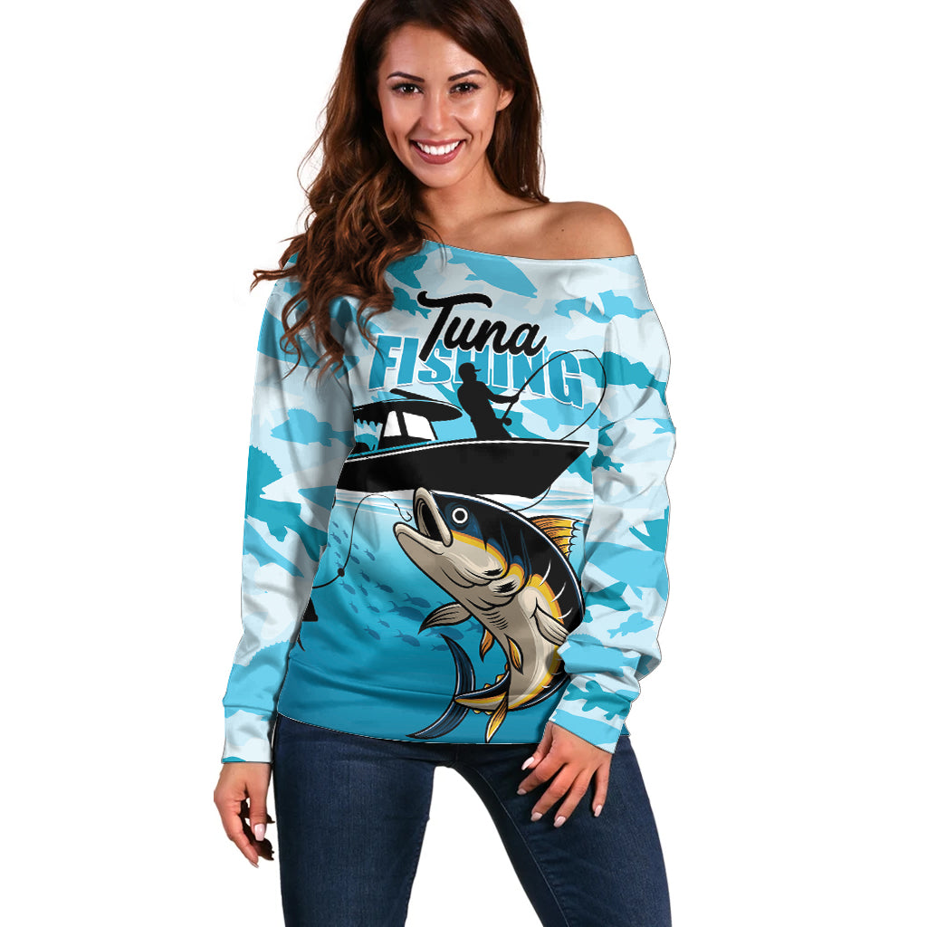 Tuna Fishing Off Shoulder Sweater Fish Camouflage Pattern - Wonder Print Shop