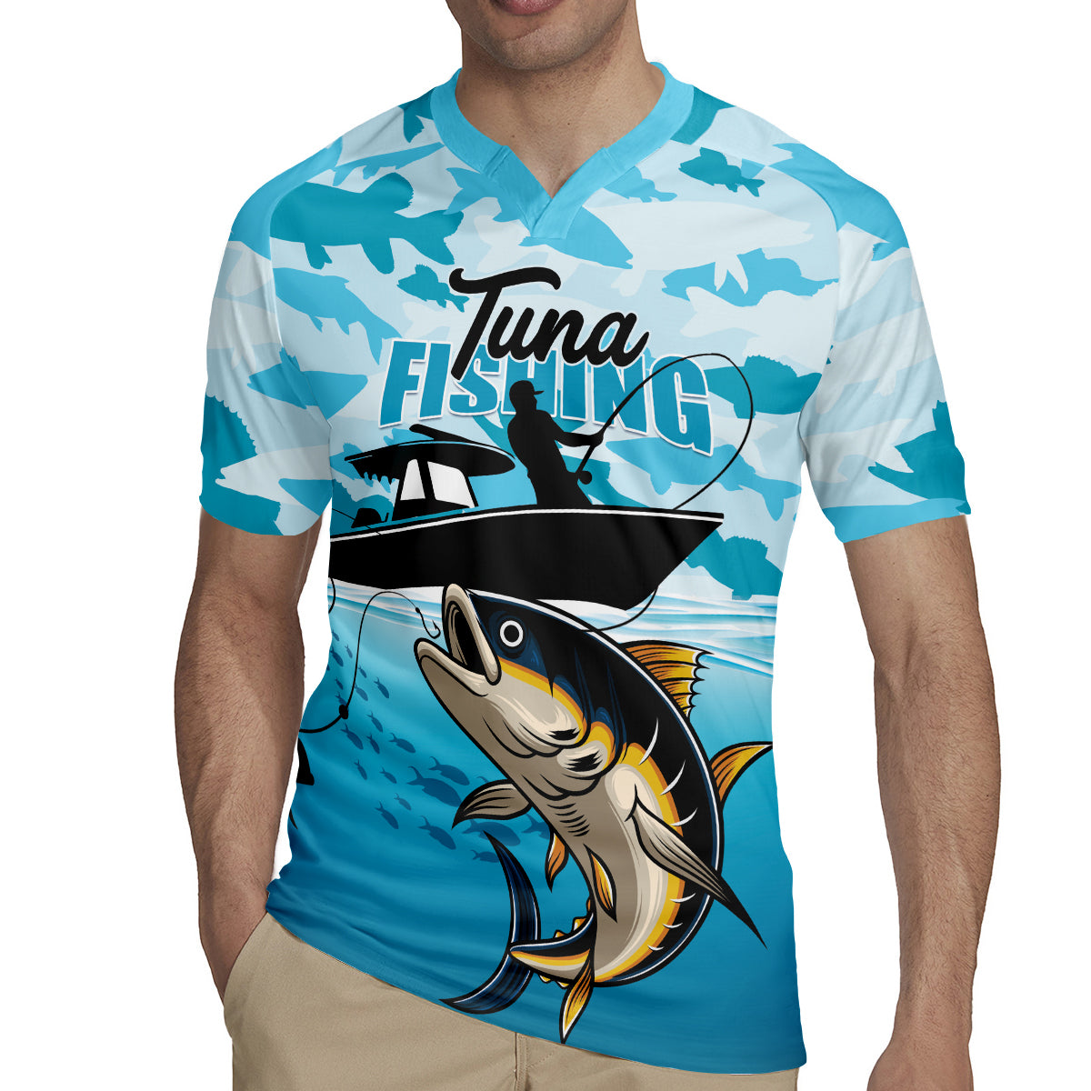 Tuna Fishing Rugby Jersey Fish Camouflage Pattern - Wonder Print Shop