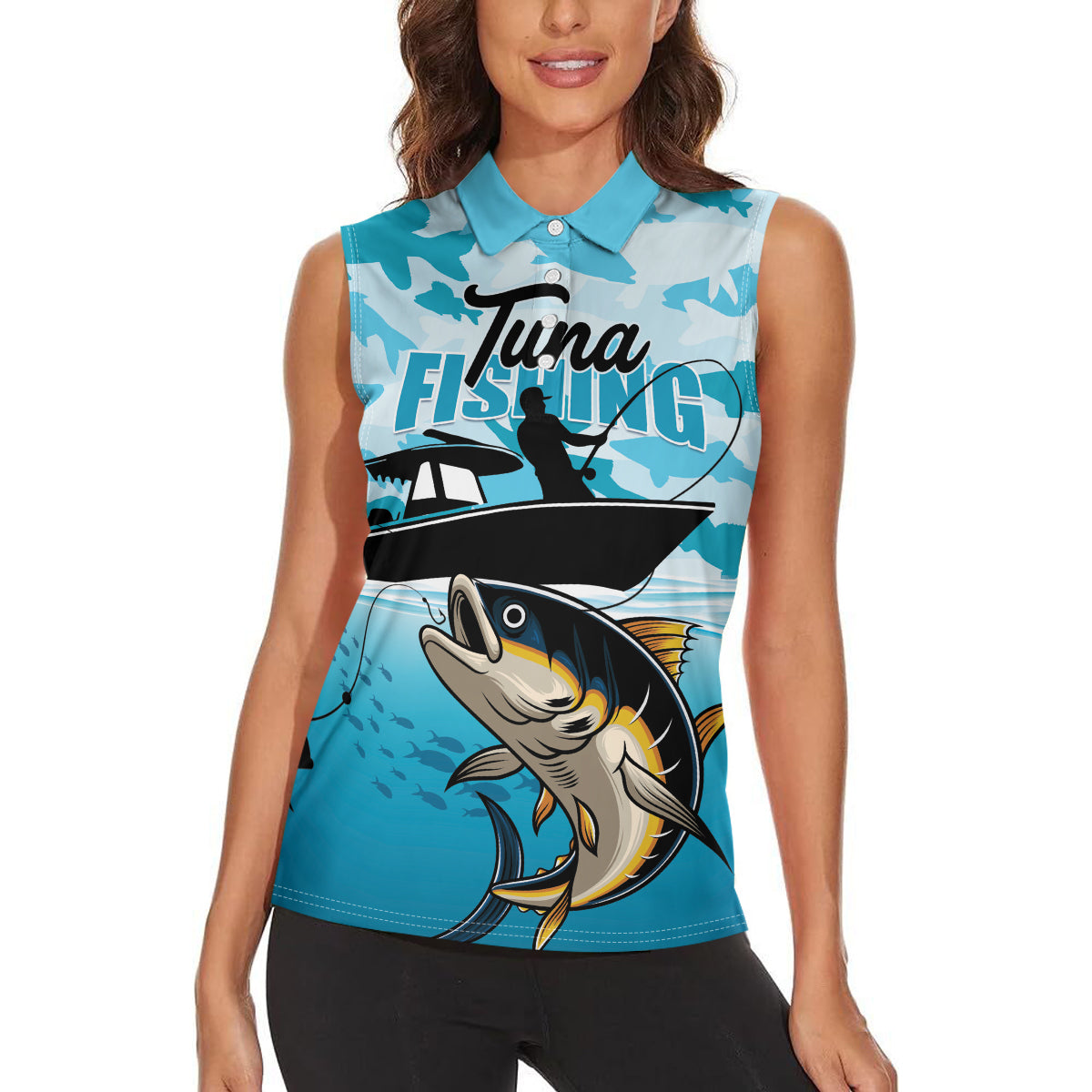 Tuna Fishing Women Sleeveless Polo Shirt Fish Camouflage Pattern - Wonder Print Shop