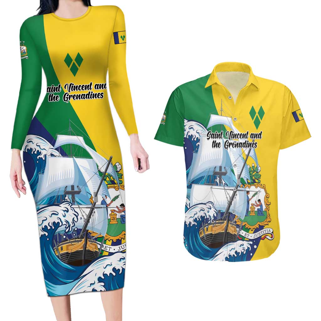 Personalized Saint Vincent and the Grenadines Sailing Couples Matching Long Sleeve Bodycon Dress and Hawaiian Shirt Caribbean Sailing