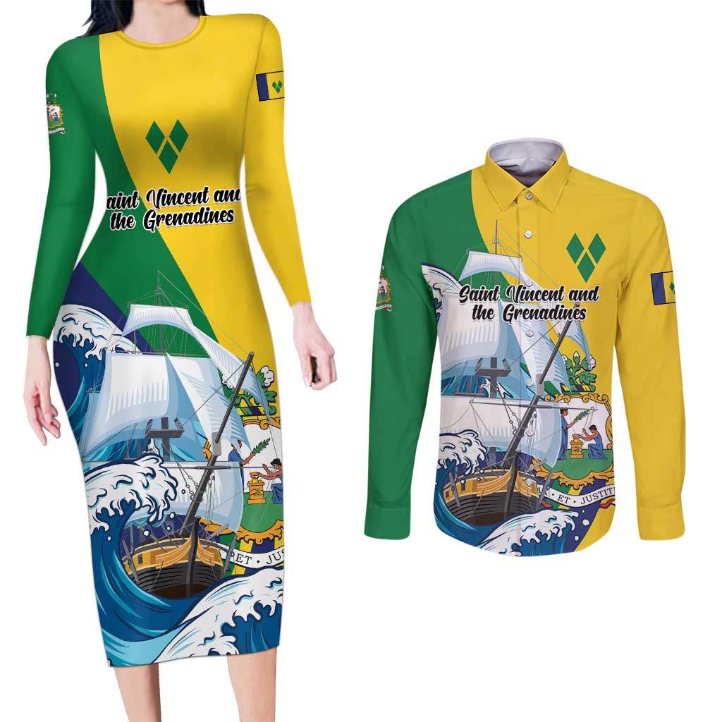 Personalized Saint Vincent and the Grenadines Sailing Couples Matching Long Sleeve Bodycon Dress and Long Sleeve Button Shirt Caribbean Sailing