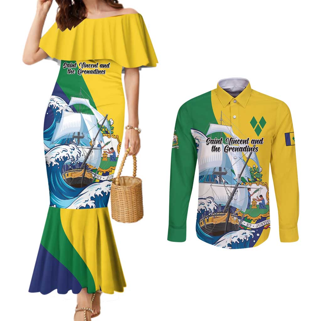 Personalized Saint Vincent and the Grenadines Sailing Couples Matching Mermaid Dress and Long Sleeve Button Shirt Caribbean Sailing