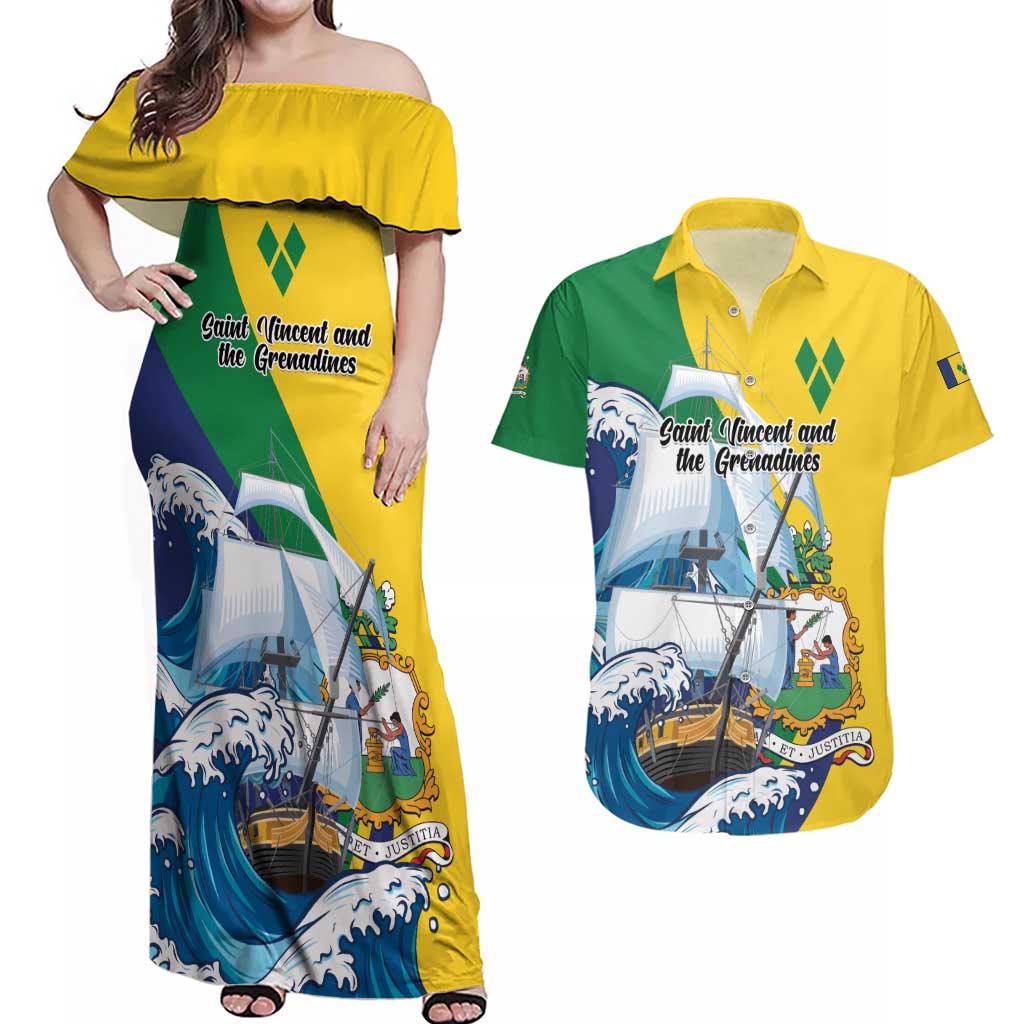 Personalized Saint Vincent and the Grenadines Sailing Couples Matching Off Shoulder Maxi Dress and Hawaiian Shirt Caribbean Sailing