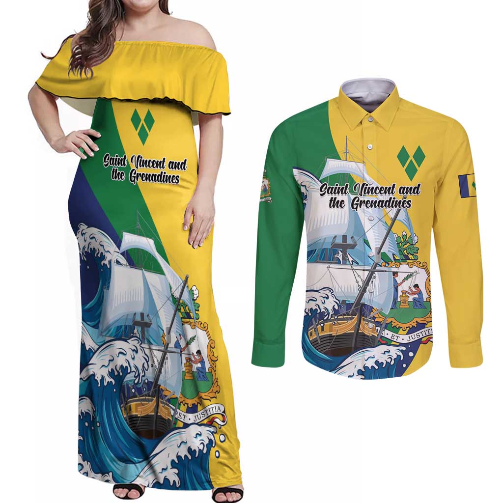 Personalized Saint Vincent and the Grenadines Sailing Couples Matching Off Shoulder Maxi Dress and Long Sleeve Button Shirt Caribbean Sailing