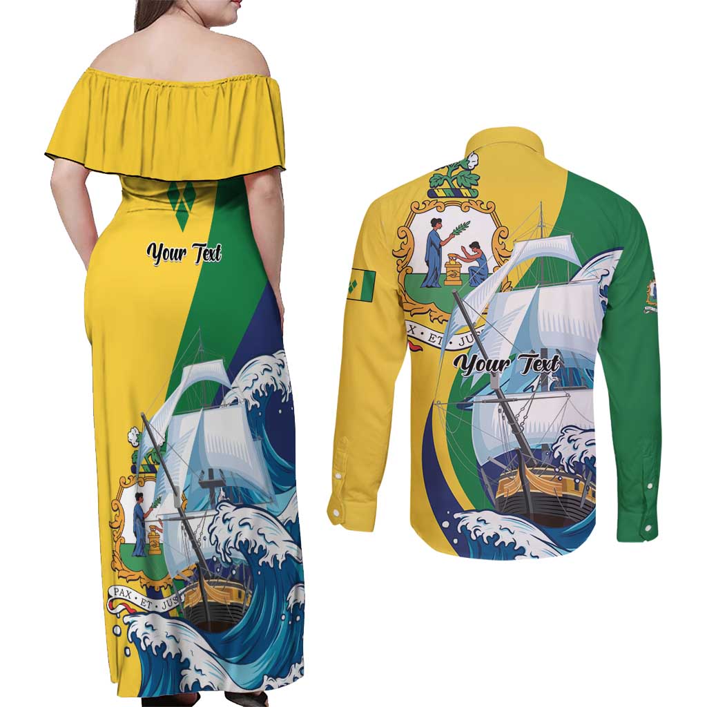 Personalized Saint Vincent and the Grenadines Sailing Couples Matching Off Shoulder Maxi Dress and Long Sleeve Button Shirt Caribbean Sailing