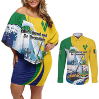 Personalized Saint Vincent and the Grenadines Sailing Couples Matching Off Shoulder Short Dress and Long Sleeve Button Shirt Caribbean Sailing