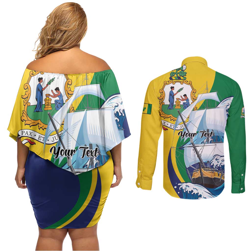 Personalized Saint Vincent and the Grenadines Sailing Couples Matching Off Shoulder Short Dress and Long Sleeve Button Shirt Caribbean Sailing