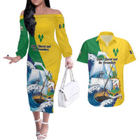 Personalized Saint Vincent and the Grenadines Sailing Couples Matching Off The Shoulder Long Sleeve Dress and Hawaiian Shirt Caribbean Sailing