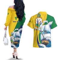 Personalized Saint Vincent and the Grenadines Sailing Couples Matching Off The Shoulder Long Sleeve Dress and Hawaiian Shirt Caribbean Sailing