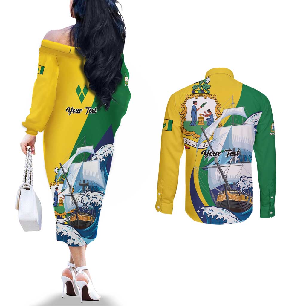 Personalized Saint Vincent and the Grenadines Sailing Couples Matching Off The Shoulder Long Sleeve Dress and Long Sleeve Button Shirt Caribbean Sailing