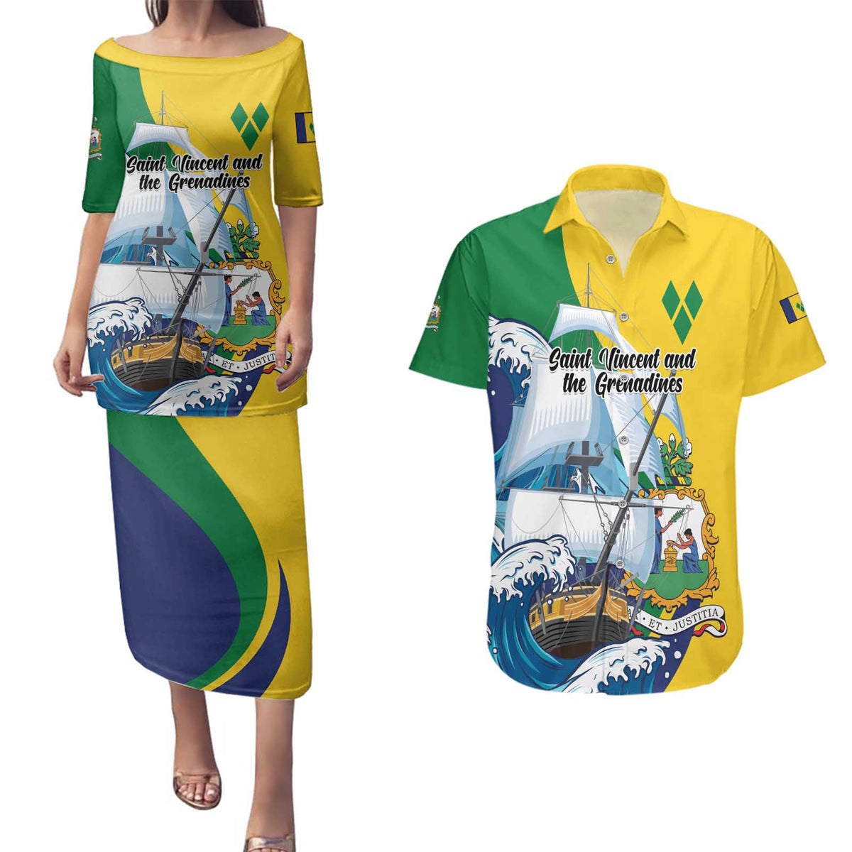 Personalized Saint Vincent and the Grenadines Sailing Couples Matching Puletasi and Hawaiian Shirt Caribbean Sailing