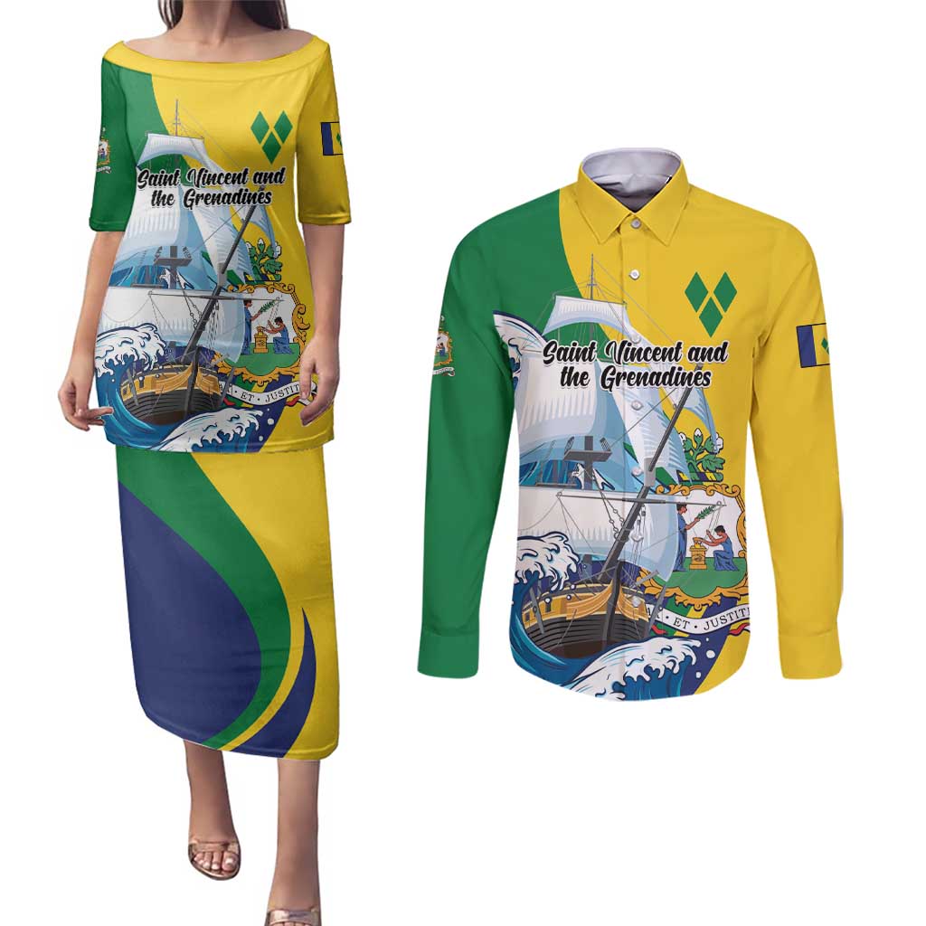 Personalized Saint Vincent and the Grenadines Sailing Couples Matching Puletasi and Long Sleeve Button Shirt Caribbean Sailing