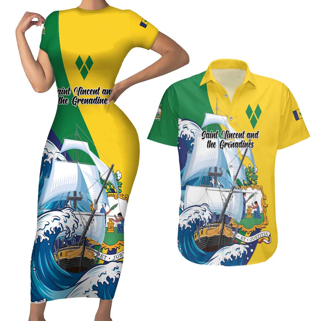 Personalized Saint Vincent and the Grenadines Sailing Couples Matching Short Sleeve Bodycon Dress and Hawaiian Shirt Caribbean Sailing
