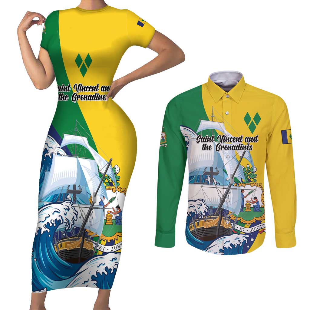 Personalized Saint Vincent and the Grenadines Sailing Couples Matching Short Sleeve Bodycon Dress and Long Sleeve Button Shirt Caribbean Sailing