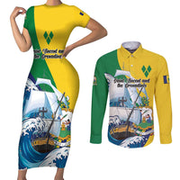 Personalized Saint Vincent and the Grenadines Sailing Couples Matching Short Sleeve Bodycon Dress and Long Sleeve Button Shirt Caribbean Sailing
