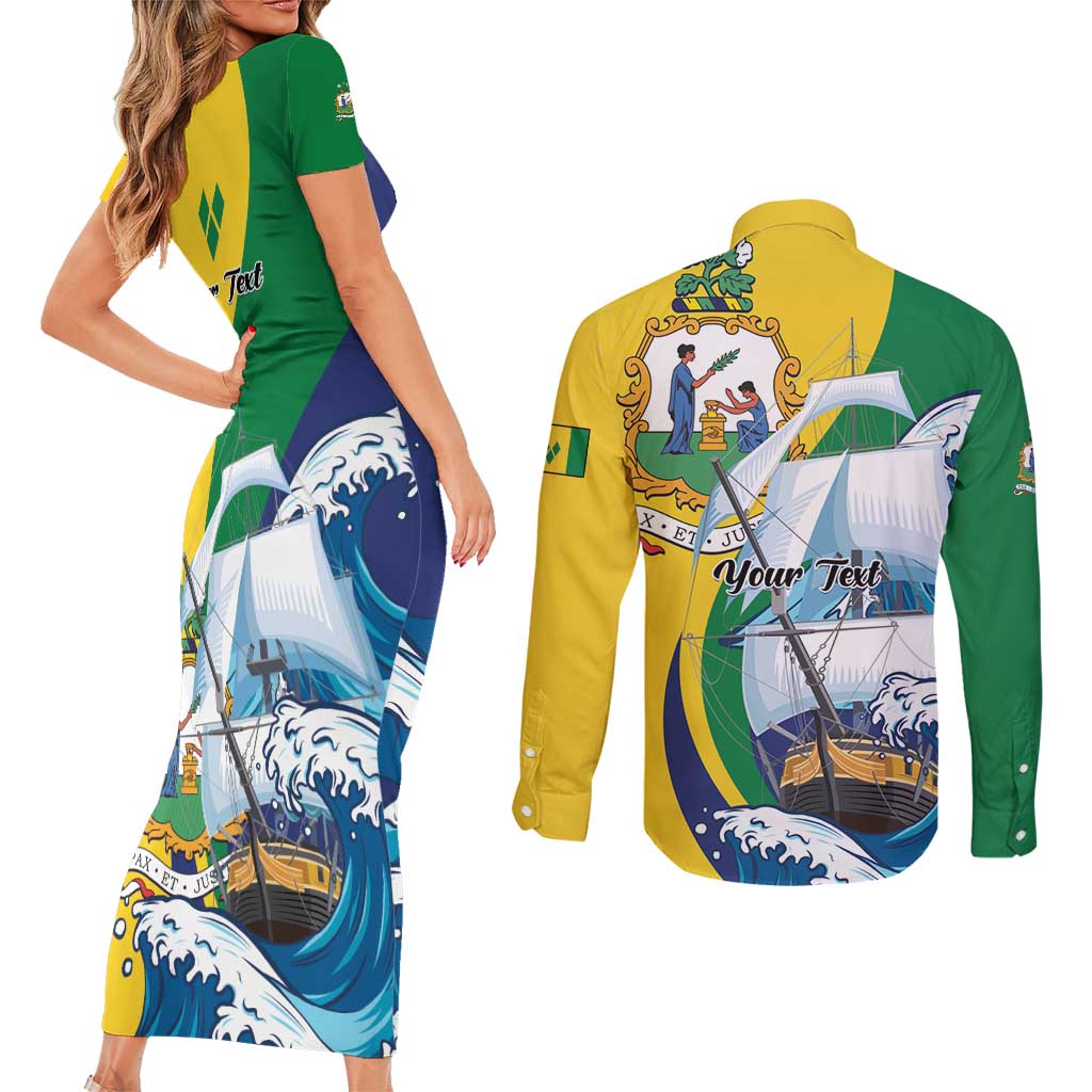 Personalized Saint Vincent and the Grenadines Sailing Couples Matching Short Sleeve Bodycon Dress and Long Sleeve Button Shirt Caribbean Sailing