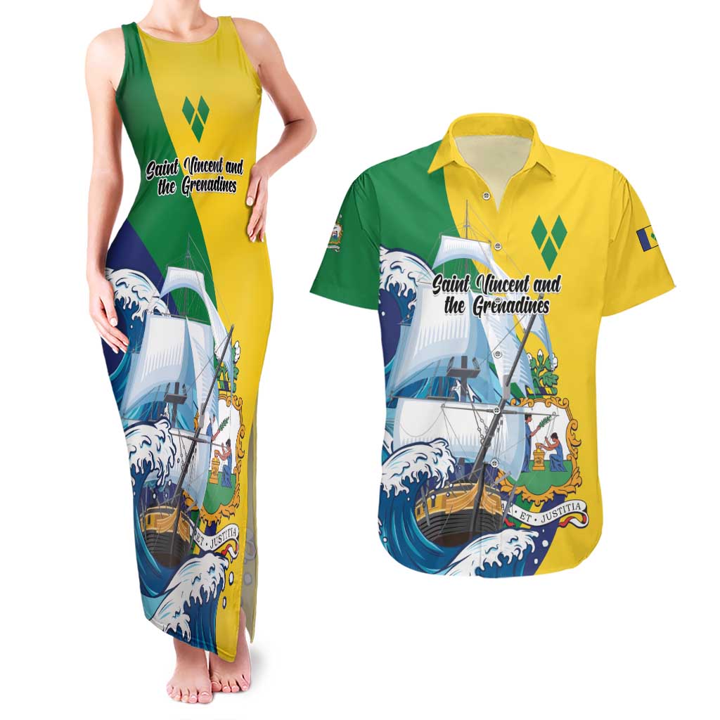 Personalized Saint Vincent and the Grenadines Sailing Couples Matching Tank Maxi Dress and Hawaiian Shirt Caribbean Sailing