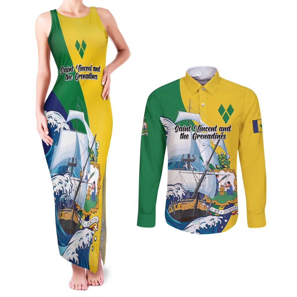 Personalized Saint Vincent and the Grenadines Sailing Couples Matching Tank Maxi Dress and Long Sleeve Button Shirt Caribbean Sailing