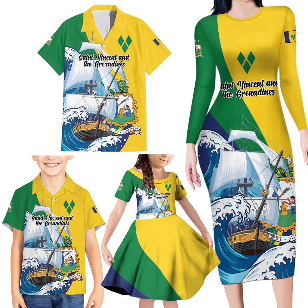 Personalized Saint Vincent and the Grenadines Sailing Family Matching Long Sleeve Bodycon Dress and Hawaiian Shirt Caribbean Sailing