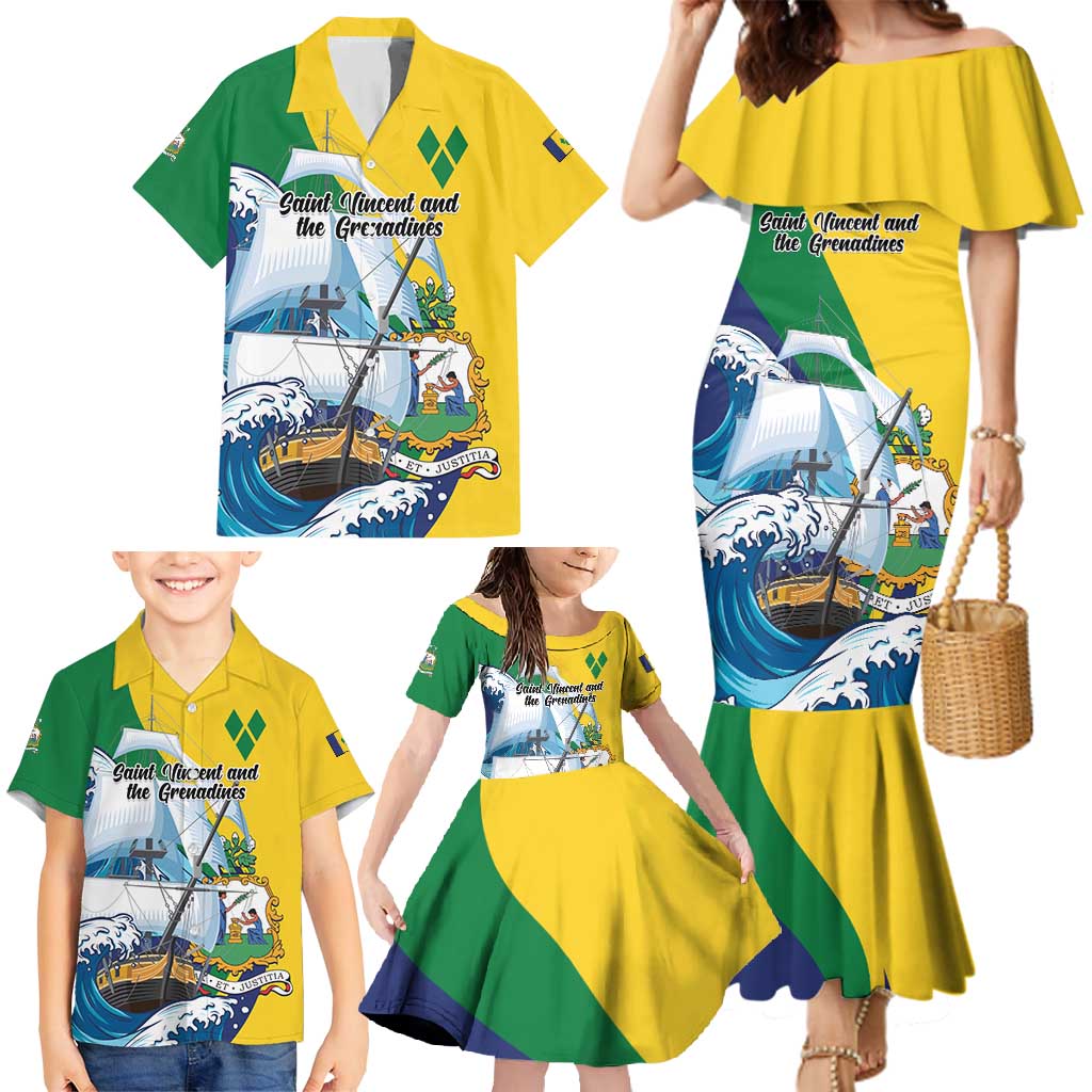 Personalized Saint Vincent and the Grenadines Sailing Family Matching Mermaid Dress and Hawaiian Shirt Caribbean Sailing