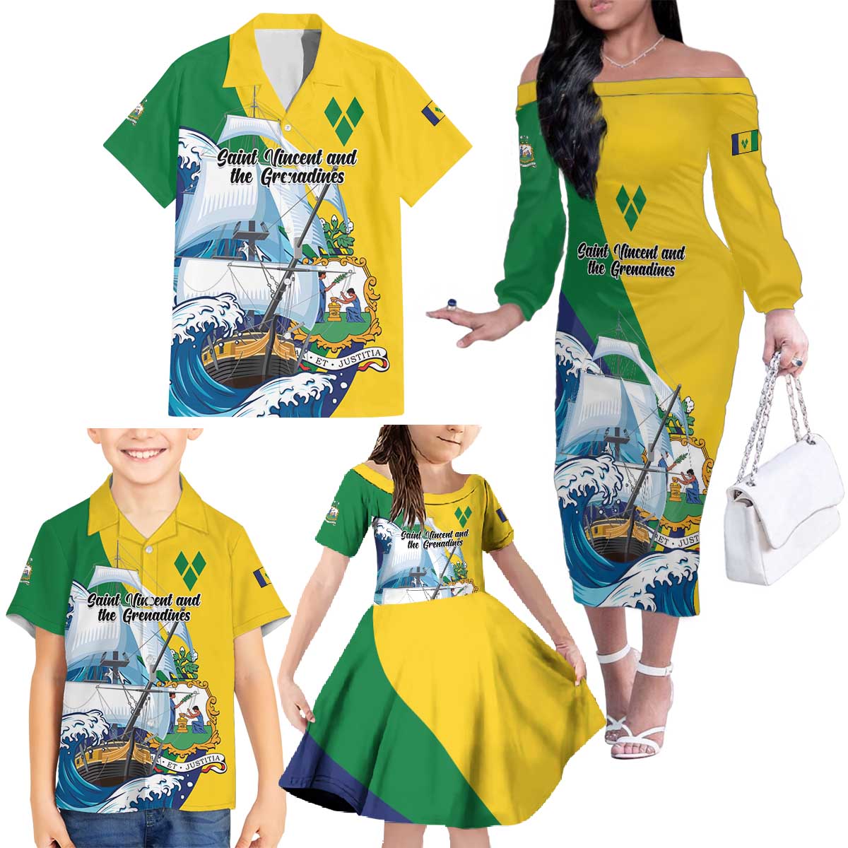 Personalized Saint Vincent and the Grenadines Sailing Family Matching Off The Shoulder Long Sleeve Dress and Hawaiian Shirt Caribbean Sailing