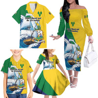 Personalized Saint Vincent and the Grenadines Sailing Family Matching Off The Shoulder Long Sleeve Dress and Hawaiian Shirt Caribbean Sailing