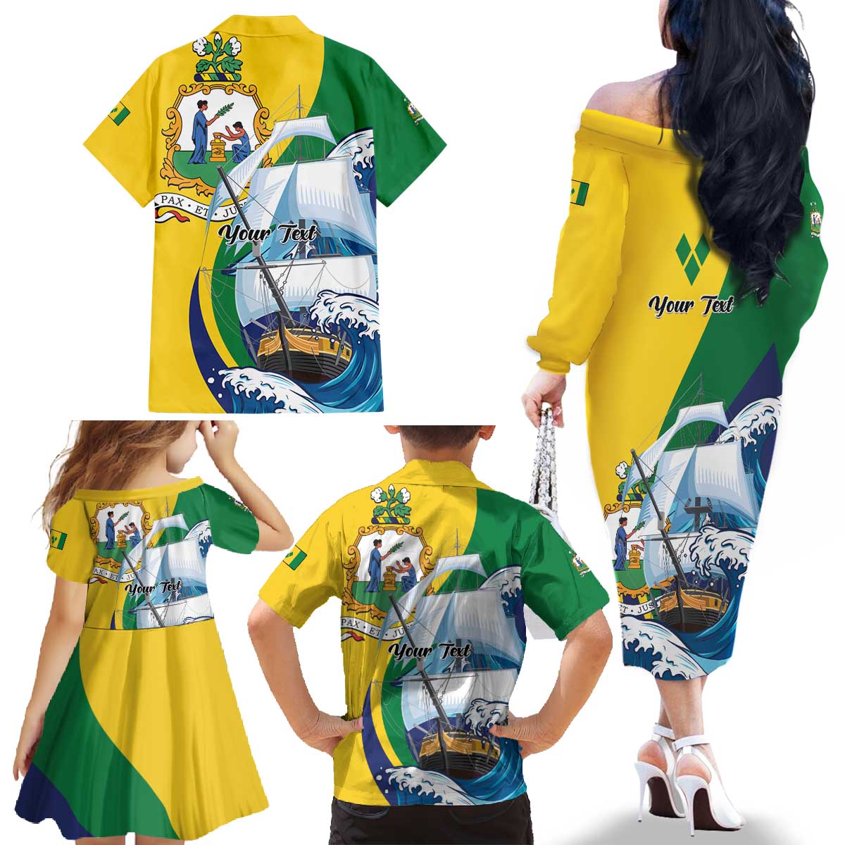 Personalized Saint Vincent and the Grenadines Sailing Family Matching Off The Shoulder Long Sleeve Dress and Hawaiian Shirt Caribbean Sailing
