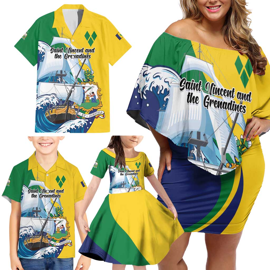 Personalized Saint Vincent and the Grenadines Sailing Family Matching Off Shoulder Short Dress and Hawaiian Shirt Caribbean Sailing
