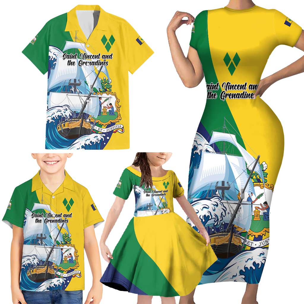 Personalized Saint Vincent and the Grenadines Sailing Family Matching Short Sleeve Bodycon Dress and Hawaiian Shirt Caribbean Sailing