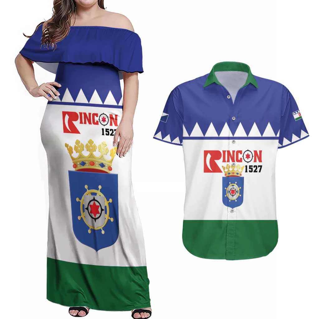 Personalised Bonaire Rincon Couples Matching Off Shoulder Maxi Dress and Hawaiian Shirt Flag Stylized