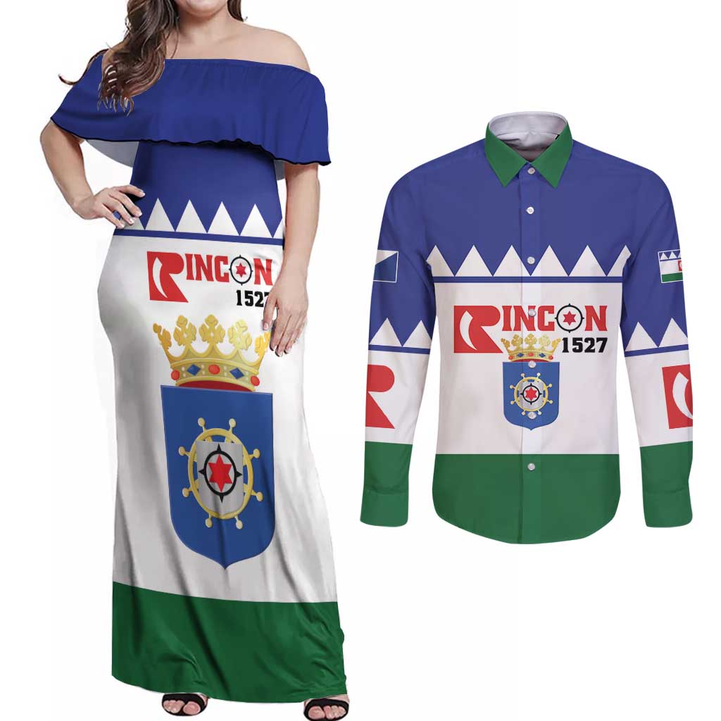 Personalised Bonaire Rincon Couples Matching Off Shoulder Maxi Dress and Long Sleeve Button Shirt Flag Stylized