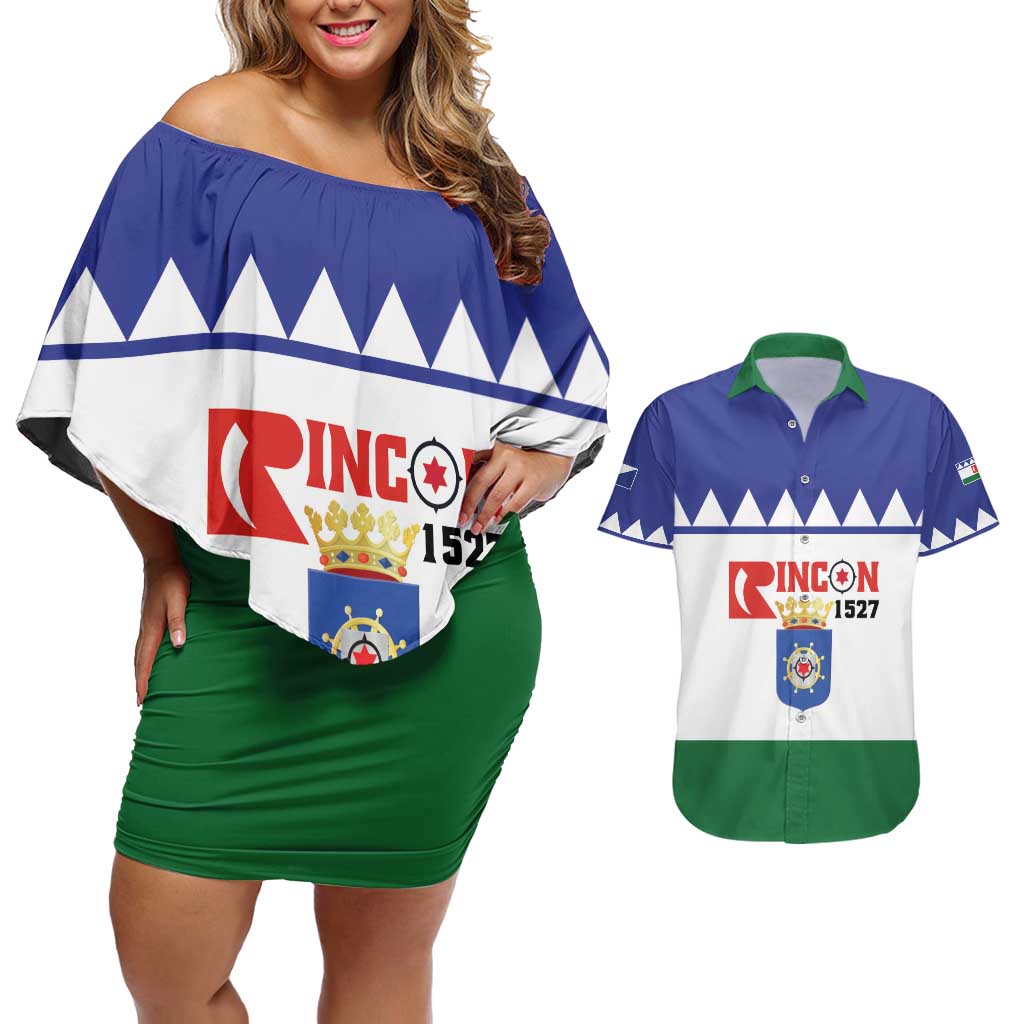 Personalised Bonaire Rincon Couples Matching Off Shoulder Short Dress and Hawaiian Shirt Flag Stylized