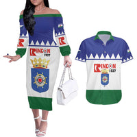 Personalised Bonaire Rincon Couples Matching Off The Shoulder Long Sleeve Dress and Hawaiian Shirt Flag Stylized