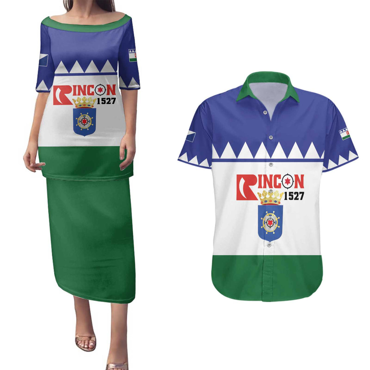 Personalised Bonaire Rincon Couples Matching Puletasi and Hawaiian Shirt Flag Stylized