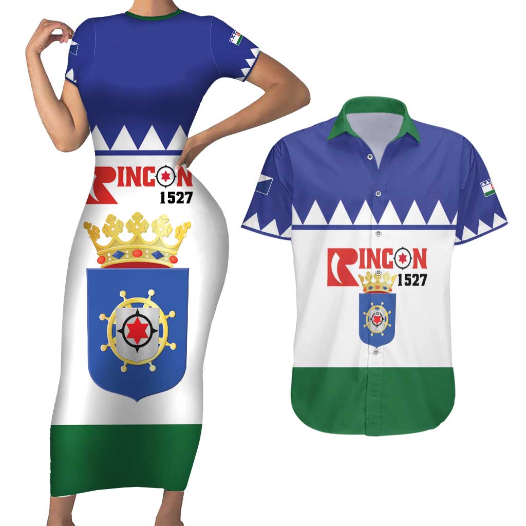 Personalised Bonaire Rincon Couples Matching Short Sleeve Bodycon Dress and Hawaiian Shirt Flag Stylized