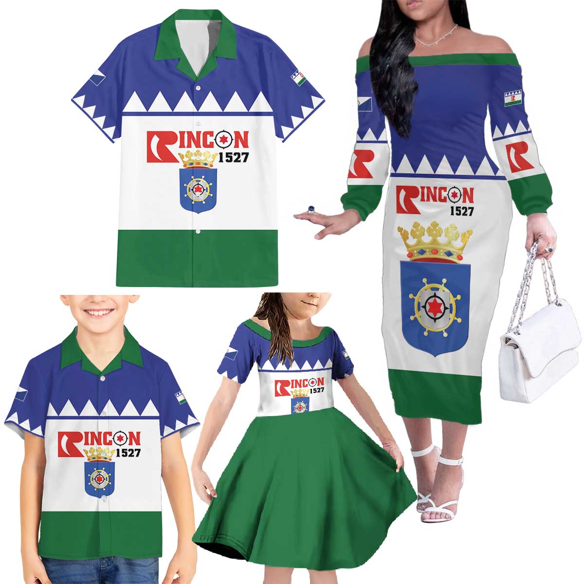 Personalised Bonaire Rincon Family Matching Off The Shoulder Long Sleeve Dress and Hawaiian Shirt Flag Stylized