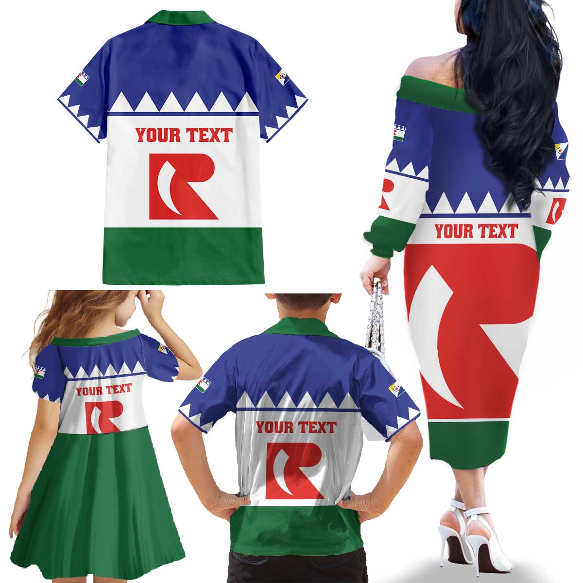 Personalised Bonaire Rincon Family Matching Off The Shoulder Long Sleeve Dress and Hawaiian Shirt Flag Stylized