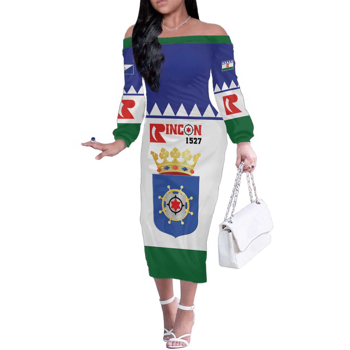 Personalised Bonaire Rincon Family Matching Off The Shoulder Long Sleeve Dress and Hawaiian Shirt Flag Stylized