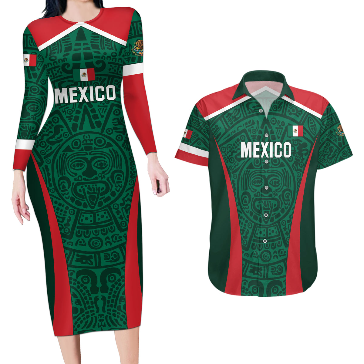 Personalized Mexico 2024 Football Couples Matching Long Sleeve Bodycon Dress and Hawaiian Shirt El Tri Go Champion - Wonder Print Shop