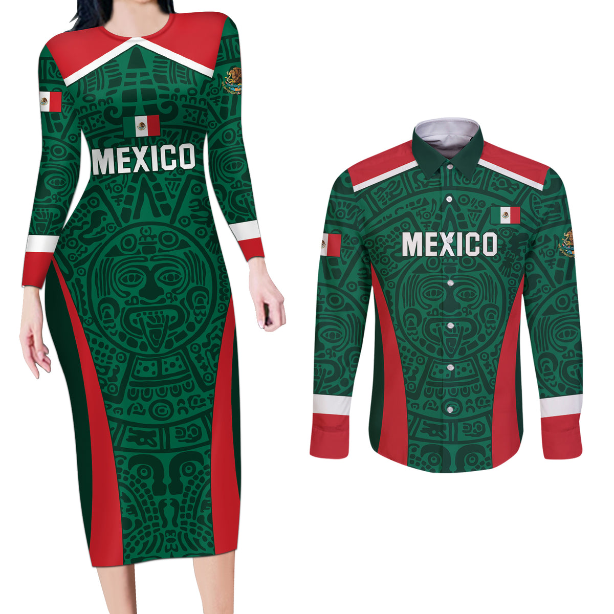 Personalized Mexico 2024 Football Couples Matching Long Sleeve Bodycon Dress and Long Sleeve Button Shirt El Tri Go Champion - Wonder Print Shop