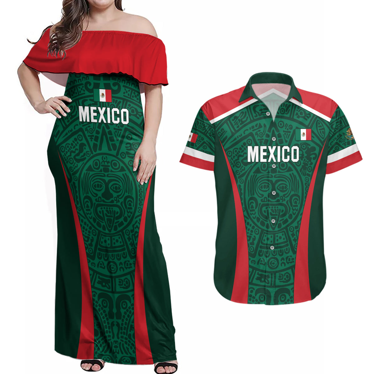 Personalized Mexico 2024 Football Couples Matching Off Shoulder Maxi Dress and Hawaiian Shirt El Tri Go Champion - Wonder Print Shop