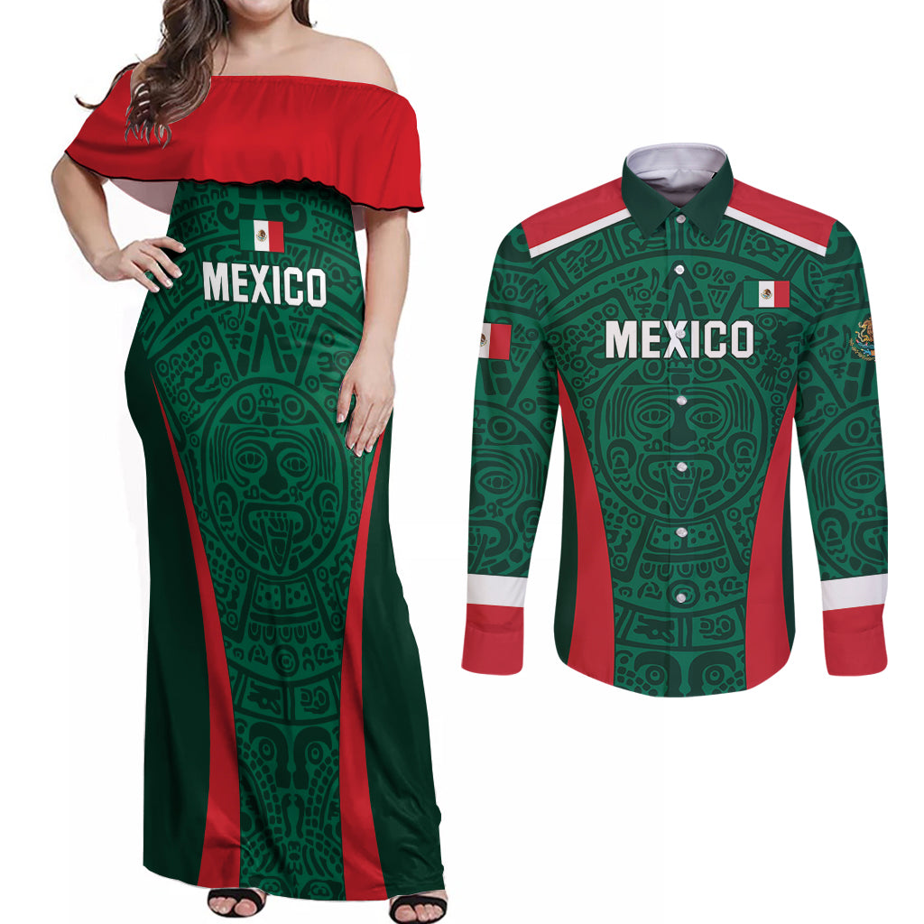 Personalized Mexico 2024 Football Couples Matching Off Shoulder Maxi Dress and Long Sleeve Button Shirt El Tri Go Champion - Wonder Print Shop
