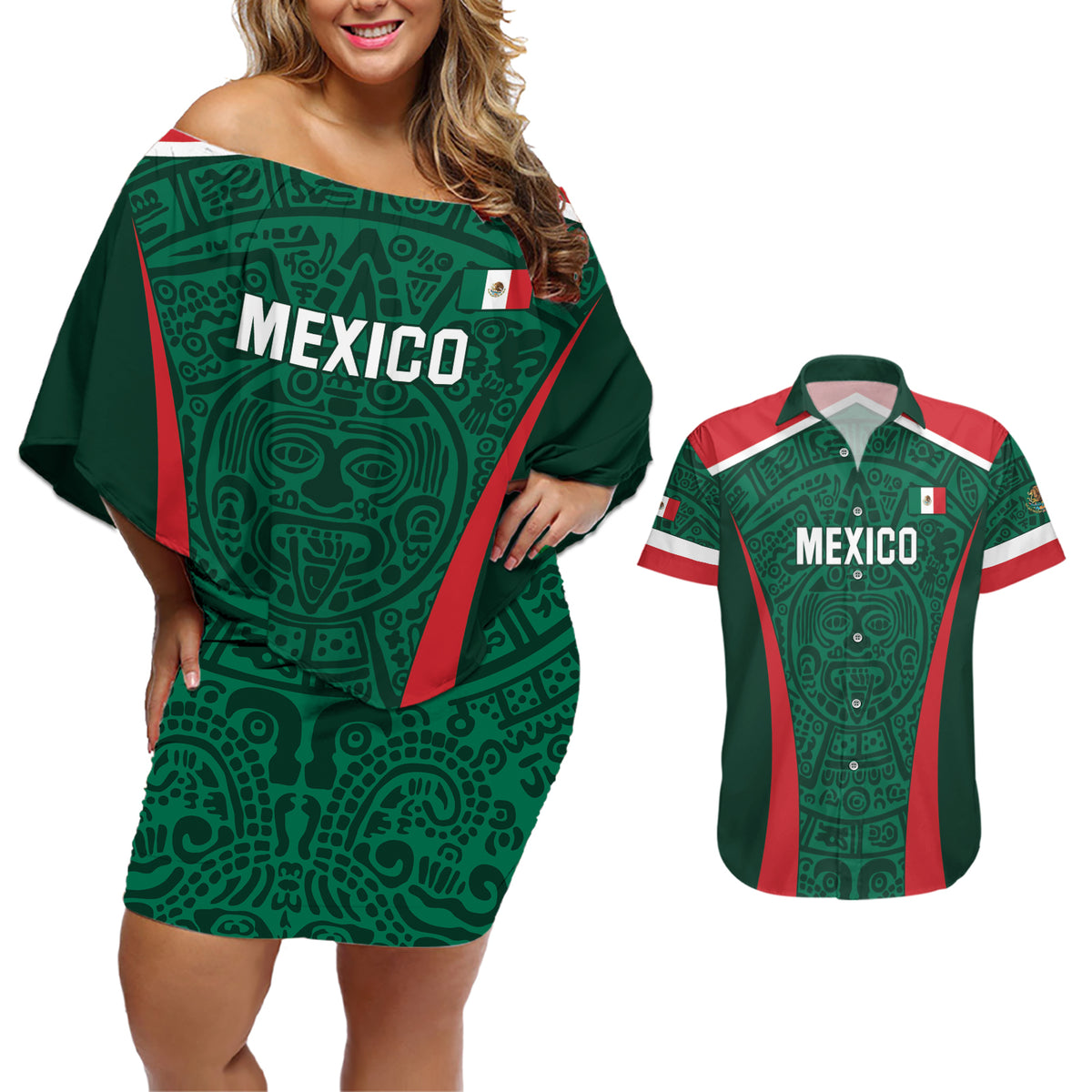 Personalized Mexico 2024 Football Couples Matching Off Shoulder Short Dress and Hawaiian Shirt El Tri Go Champion - Wonder Print Shop